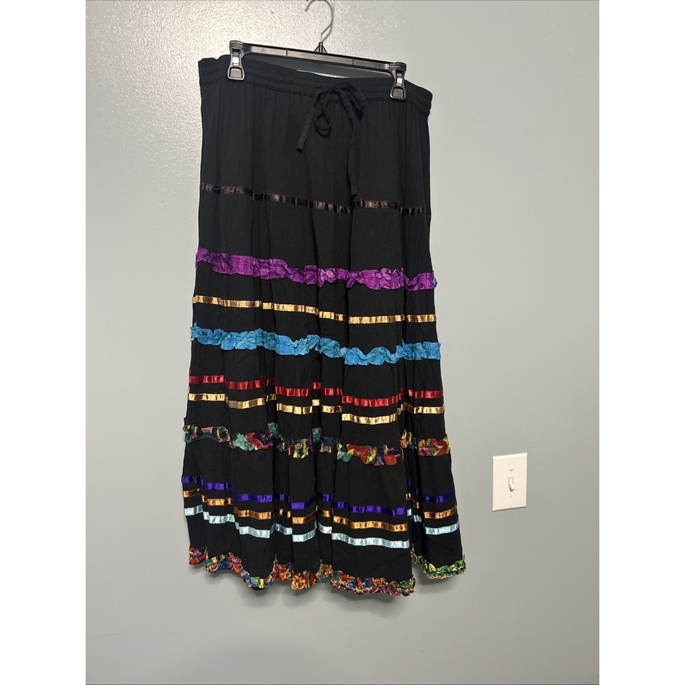 Tiered Ribbon Accent Maxi Boho Skirt Black Large Drawstring Boho Gypsy